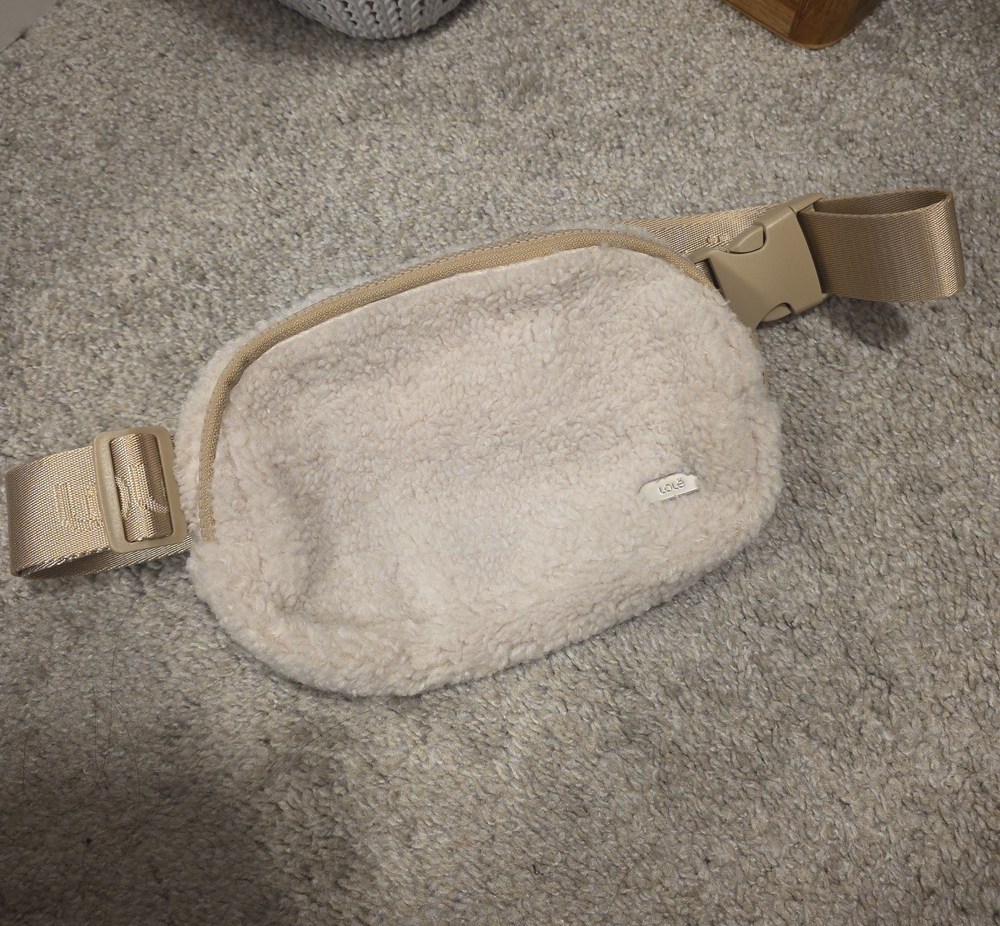 LOLE Cream Sherpa Crossbody Belt Bag with Tan Strap